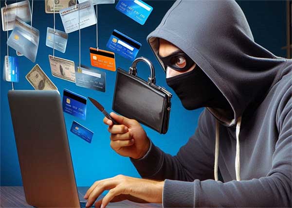 ai generated image depicting burglar with laptop and credit cards on strings