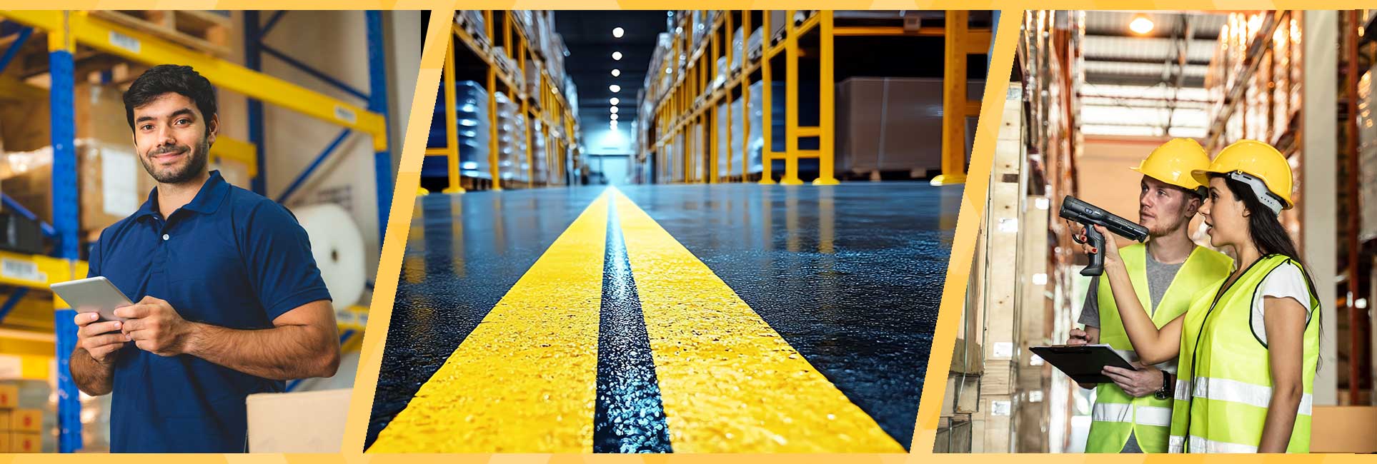 Wide-angle view of a large warehouse with tall shelves stocked with pallets. A yellow line runs down the center of the polished concrete floor, leading toward the distance, with overhead lights illuminating the space.