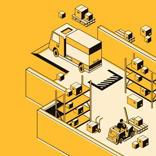 Illustrated graphic of a warehouse scene showing a delivery truck, forklift, and shelves with boxes. The image is in a yellow and black color scheme, with boxes being organized on pallets and shelves, representing logistics and distribution.