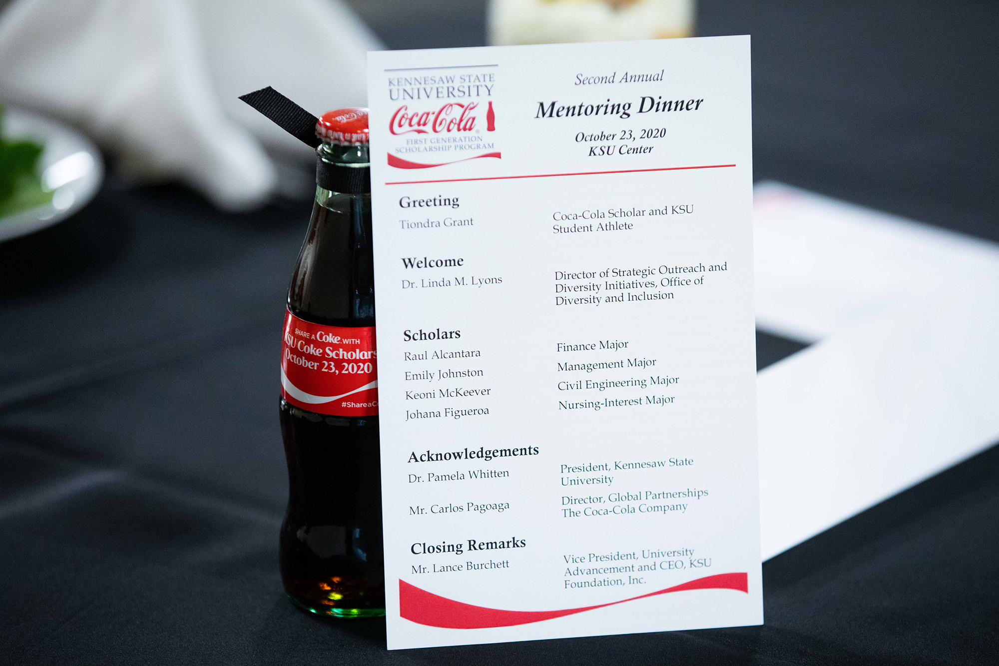 2020 Mentor Dinner / Coca Cola bottle and menu