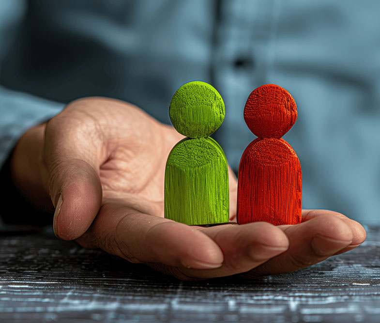 A hand holding two wooden figures, one green and one red representing resources for conflict of interest/.