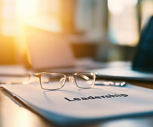 A pair of glasses resting on a document with the word "Leadership" printed on it. A laptop and other office supplies are blurred in the background.