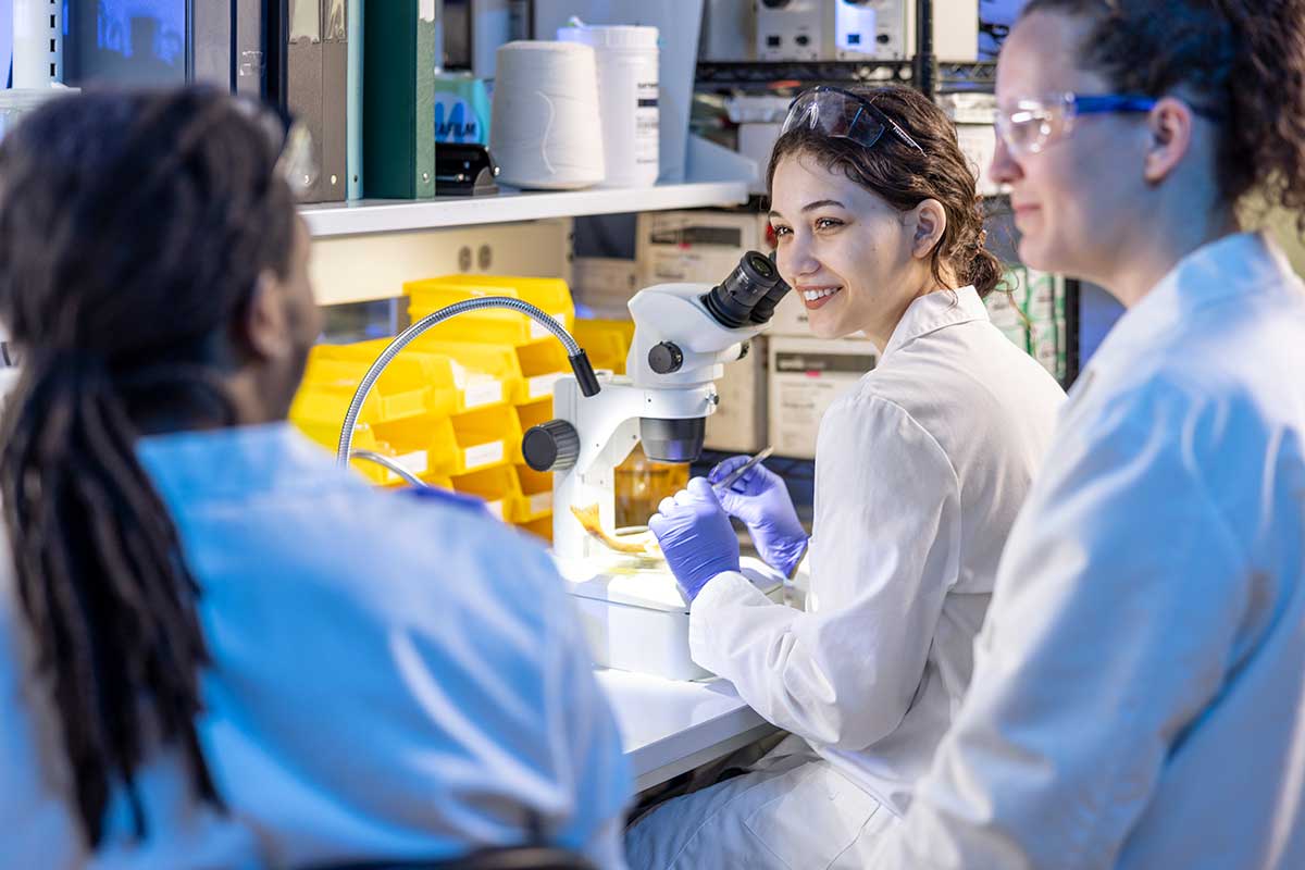 Photo of graduate students and faculty mentor working on research in a laboratory