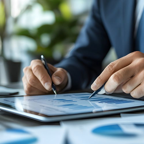 Close-up view of hands analyzing assessment plans on a digital tablet, with documents and a laptop on the office desk.