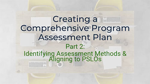 A top-down view of a conference table with a laptop, keyboard, mouse, pens, and papers scattered across it. The text "Creating a Comprehensive Program Assessment Plan" and "Part 2: Identifying Assessment Methods & Aligning to PSLOs" is written on the table. Two yellow chairs are visible on either side of the table.