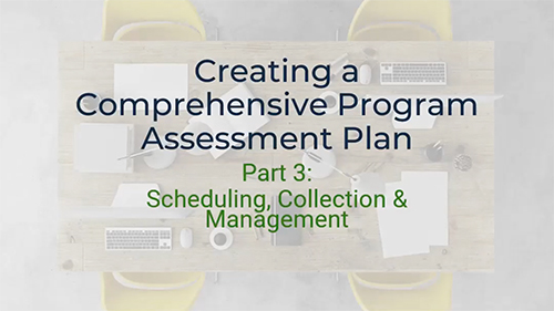 A top-down view of a conference table with a laptop, keyboard, mouse, pens, and papers scattered across it. The text "Creating a Comprehensive Program Assessment Plan" and "Part 3 - Scheduling, Collection & Management" is written on the table. Two yellow chairs are visible on either side of the table.