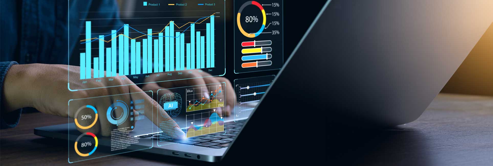 A person is working on a laptop, with various data visualizations and charts appearing on the screen. The charts show percentages and other numerical data. The laptop is on a desk.