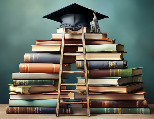 A graduation cap perched atop a stack of books, with a small wooden ladder leading through the center of the stack.