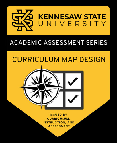 A gold shield with a black outline, featuring the Kennesaw State University logo, the text "ACADEMIC ASSESSMENT SERIES," "CURRICULUM MAP DESIGN," a compass, a checklist with three checkmarks, and the phrase "ISSUED BY CURRICULUM, INSTRUCTION, AND ASSESSMENT."