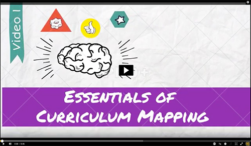 A video thumbnail with the title "Essentials of Curriculum Mapping." A brain illustration is featured in the center, surrounded by colorful shapes and symbols. The word "Video 1" is in the top left corner.