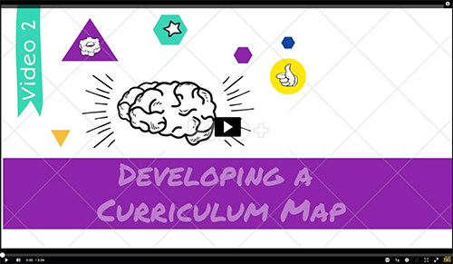 A video thumbnail with the title "Developing a Curriculum Map." A brain illustration is featured in the center, surrounded by colorful shapes and symbols. The word "Video 2" is in the top left corner.