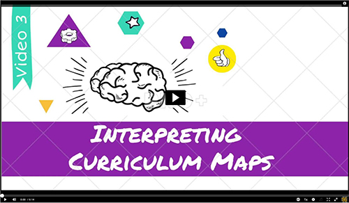 A video thumbnail with the title "Interpreting Curriculum Maps." A brain illustration is featured in the center, surrounded by colorful shapes and symbols. The word "Video 3" is in the top left corner.