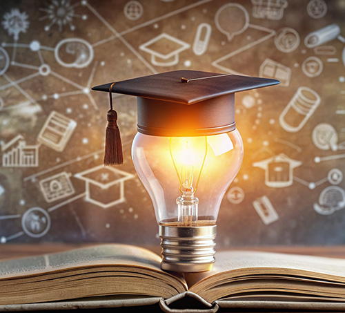 A graduation cap sits atop a glowing light bulb, which is resting on an open book. There is a background of chalkboard with various educational symbols drawn on it.