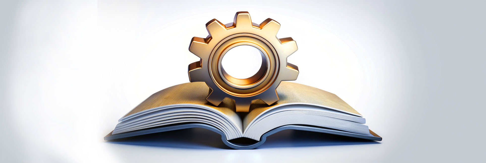 A golden gear resting on top of an open book.