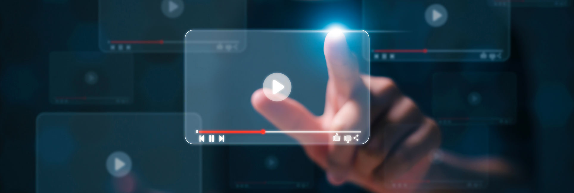 A hand hovering over a transparent video player on a dark background. Multiple video thumbnails are visible in the background.