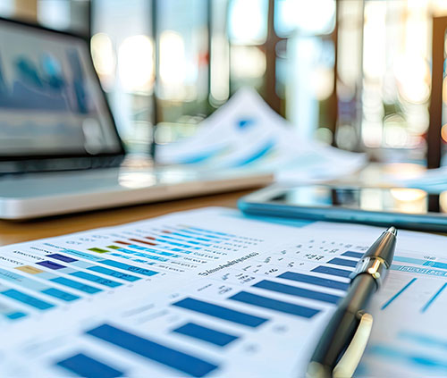 A close-up of a desk with a laptop, a smartphone, a pen, and several sheets of paper covered in charts and graphs.