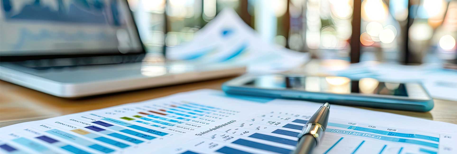 A close-up of a desk with a laptop, smartphone, financial documents, and a pen. The documents show various charts and graphs with data and numbers.