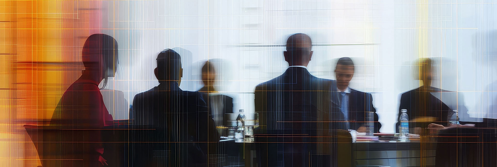 Silhouettes of people seated around a conference table in a business meeting setting, with a blurred, abstract overlay effect creating a sense of movement and modernity.