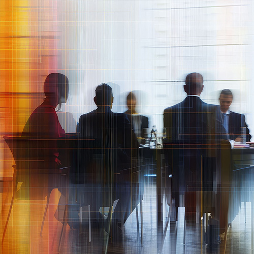 Silhouetted group of people engage in workshop and Consultation, sitting around a table in a brightly lit office, overlaid with abstract, colorful light streaks.