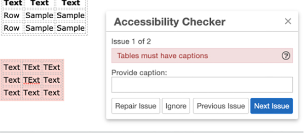 Accessibility Checker popup with an error message indicating that tables must have captions. The popup includes a text field to provide a caption, and buttons to repair the issue, ignore the issue, view the previous issue, or move to the next issue.