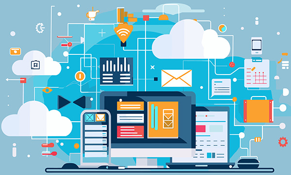 Illustration of cloud computing and interconnected devices. The image shows a desktop computer, a smartphone, a tablet, and cloud symbols connected by lines representing data flow.