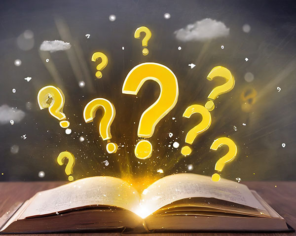 Illustration of a book with pages open and gold question marks floating out of it