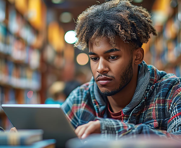 Student in Library working on a project