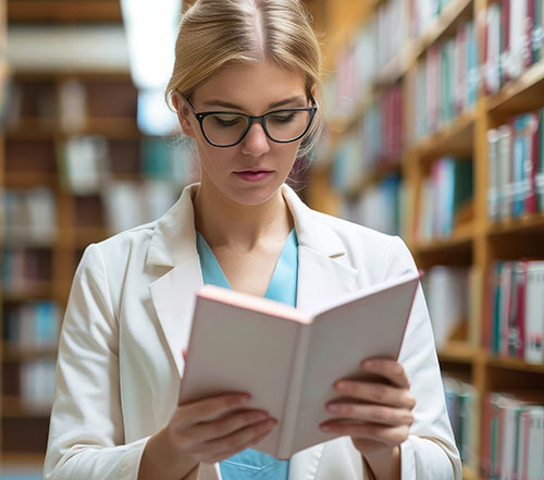 A woman Faculty member with glasses researching in a library and reading.