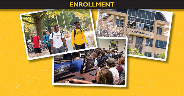 enrollment photo collage with ksu students and kennesaw hall building.