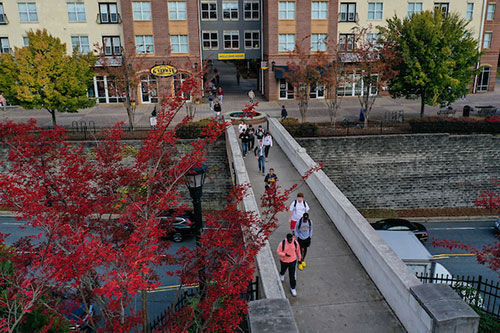 Photo of KSU sky bridge at sunset