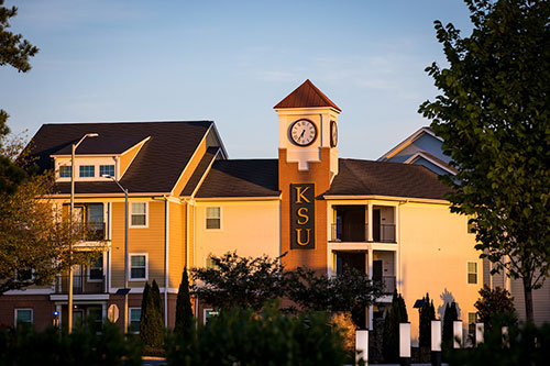 Photo of KSU apartments at sunset