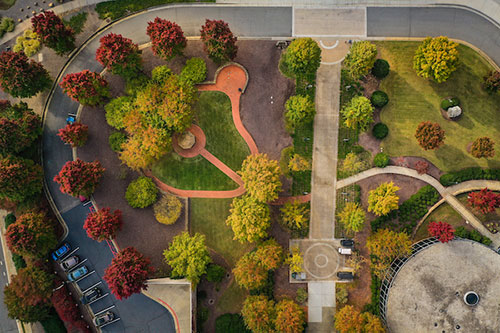 Photo of KSU courtyard aerial view at sunset in the fall