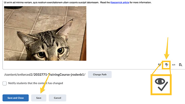 A screenshot of a web page with a cat photo. Above the image are options to "Change Path" and "Notify students that the content has changed." Below the image are three buttons: "Save and Close," "Save," and "Cancel." There is also a button with an eye icon to the right of the image.