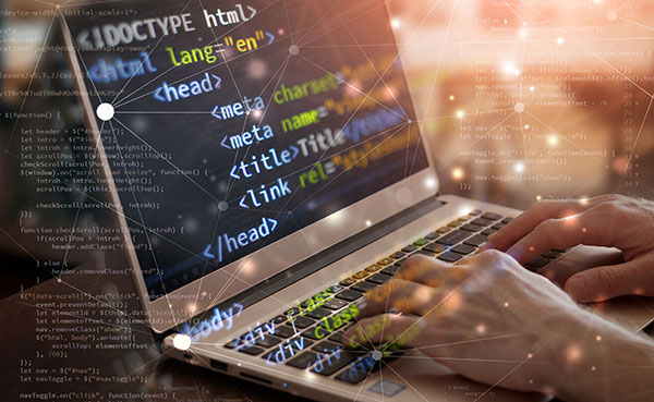 A close-up of a person's hands typing code on a laptop keyboard. The code is visible on the screen, with glowing lines connecting the code to the keyboard. The background is blurred, with a focus on the hands and the laptop.