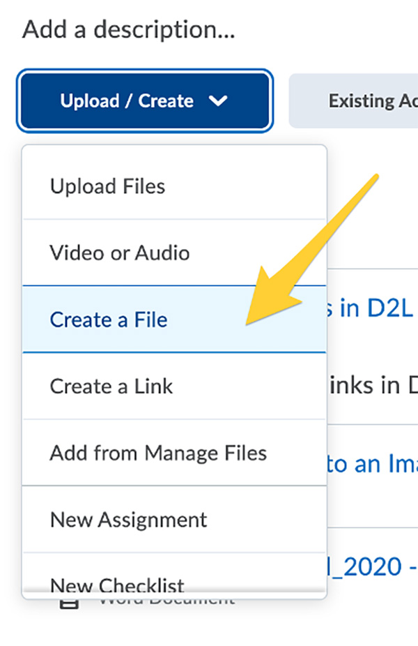 A screenshot of a dropdown menu with options for adding content to a page. The selected option is "Create a File".