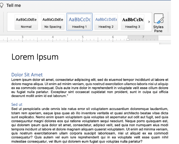 Select the appropriate heading levels using the styles pane in Microsoft Word.