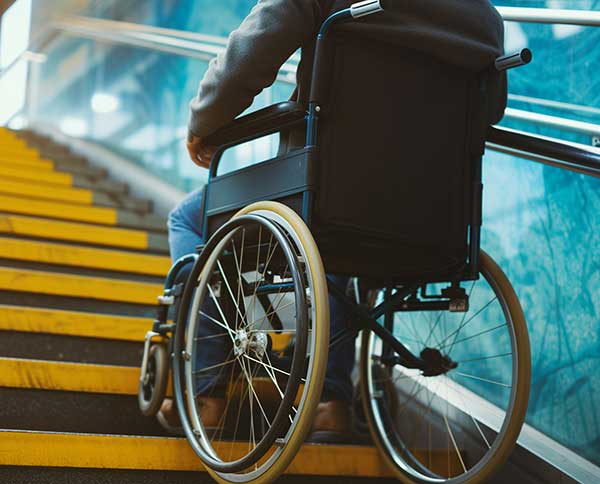 Student in wheelchair finding a solution to navigate stairs as a accessibility solution