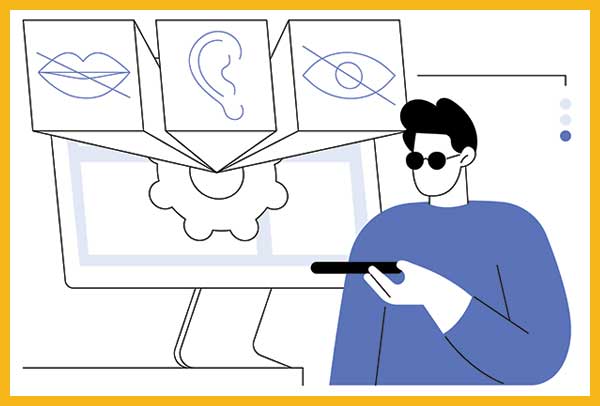 Graphic of the instructor pointing out different points of Web Accessibility