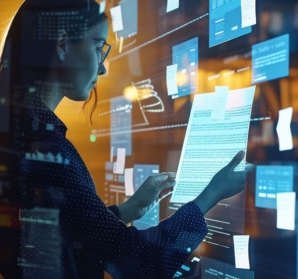 A woman wearing glasses is looking at a document in her hand in front of a large screen with many documents and data visualizations displayed on it. She is standing in a dimly lit room.