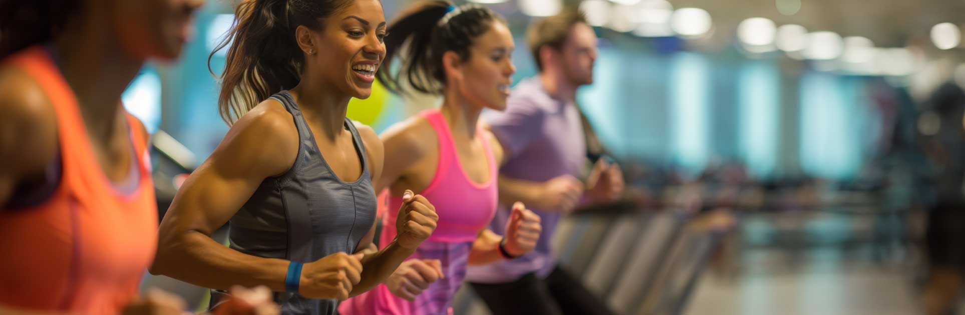 A group of employees running on treadmills in a gym, smiling and engaged in a high-energy fitness class, with a focus on a woman in the foreground wearing a gray tank top.