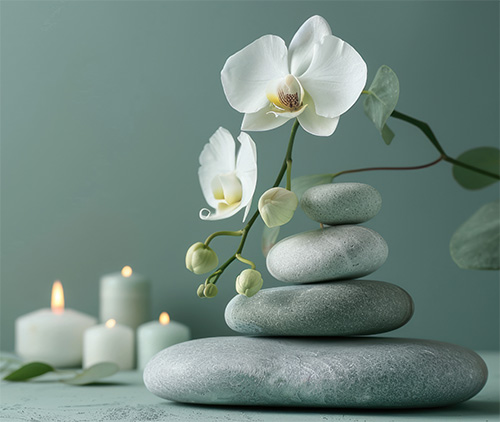 A stack of gray stones with a white orchid and eucalyptus branch on top. In the background, there are five lit candles.