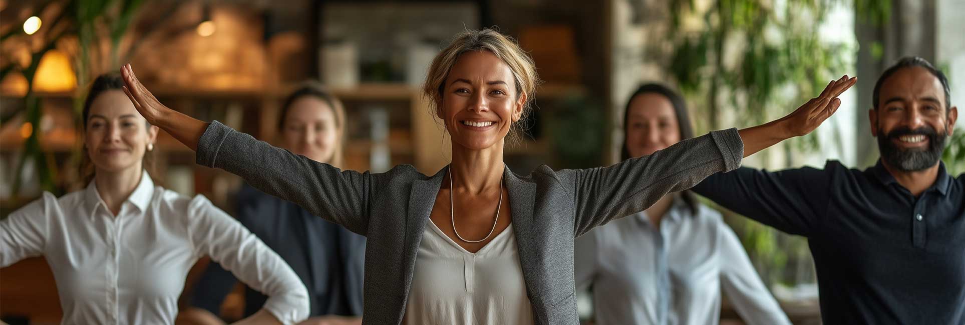 A group of employee well-being champions standing in a line, smiling and with arms outstretched in a welcoming, open gesture as they engage in light exercises during a work break