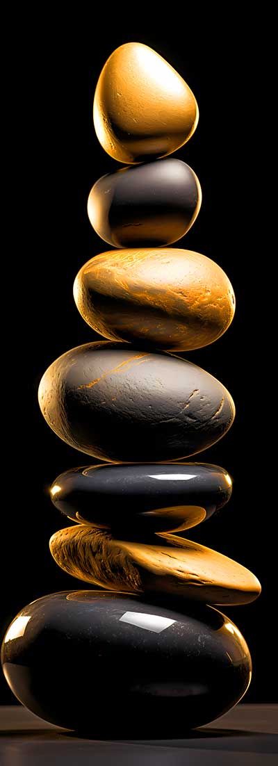 A tower of stacked stones, alternating between black and gold, on a black background. The stones are smooth and glossy, creating a sense of balance and elegance