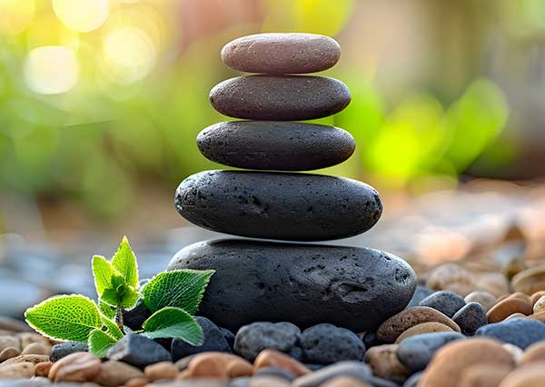 A stack of five smooth, dark stones balanced on top of each other, representing well-being and calmness, surrounded by smaller stones and a small green plant.