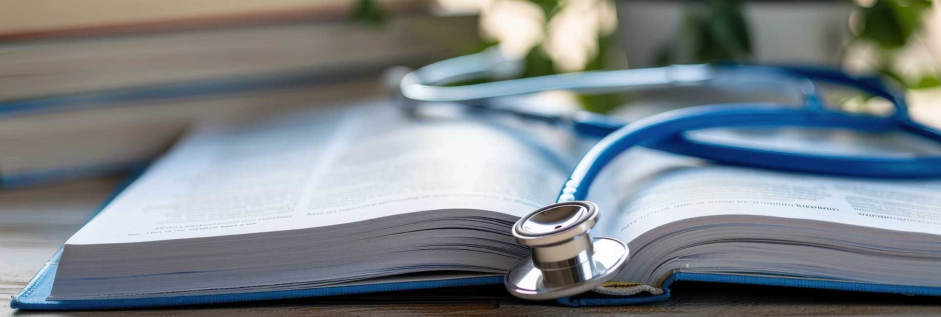 A stethoscope is placed on an open book with pages filled with medical text.