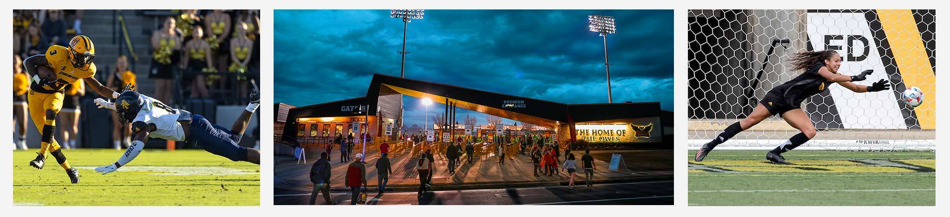 3 images in a row showing a football tackle, the stadium entrance at night, and a soccer goalie