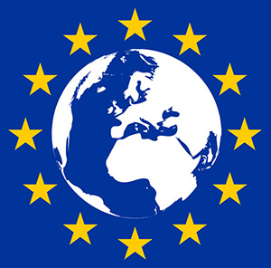 This image represents the European Union (EU) flag. The blue background symbolizes peace and harmony, while the circle of 12 golden stars represents unity and solidarity among the member states. The globe within the circle signifies the global reach and influence of the EU.