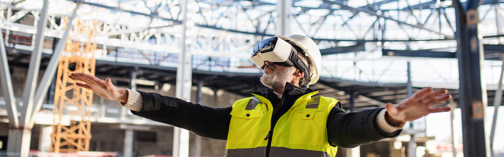 construction manager using virtual reality device on construction site