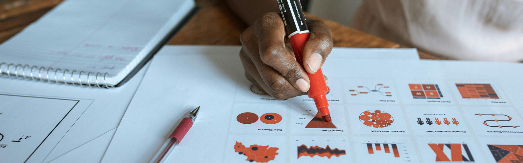 Person using an orange highlighter pen on printed graphs to designate specific portions of data