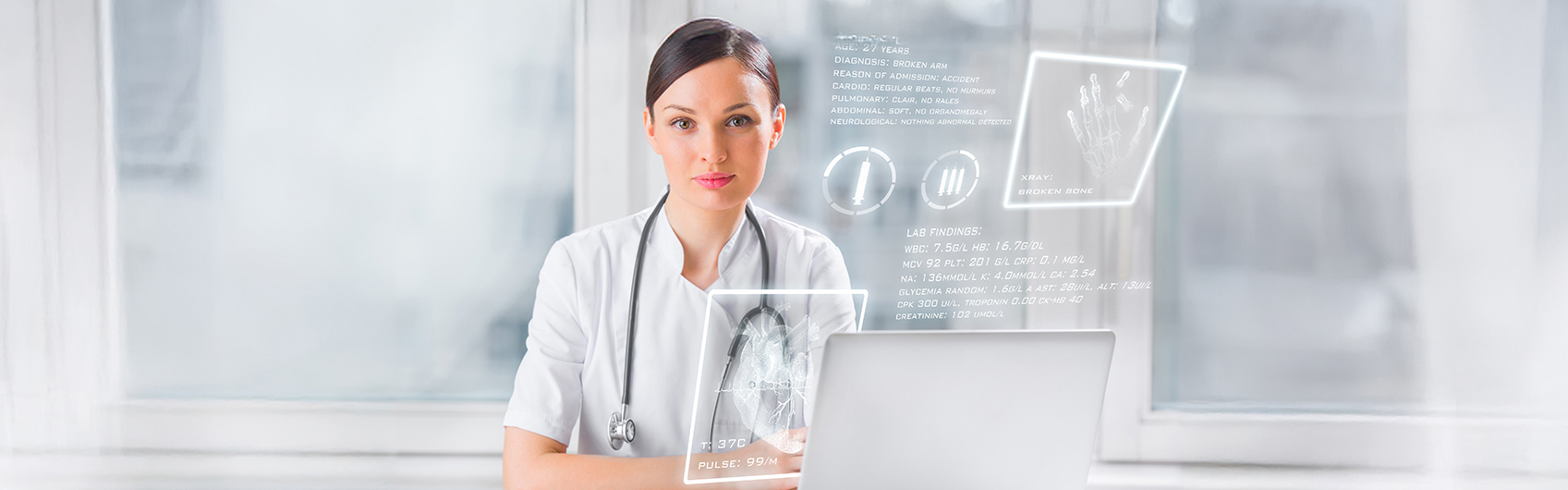 Nurse with laptop behind a futuristic hud screen